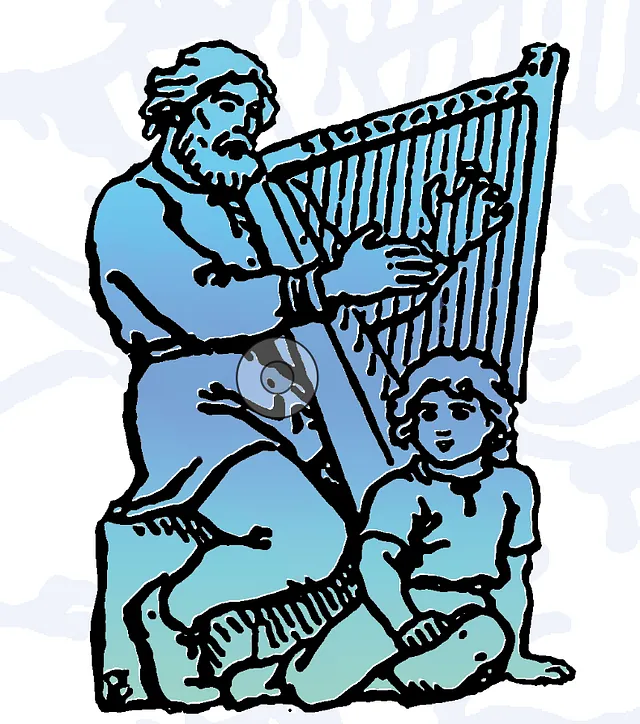 billedet er logo fra Højskolesangbogen mand med harpe og barn