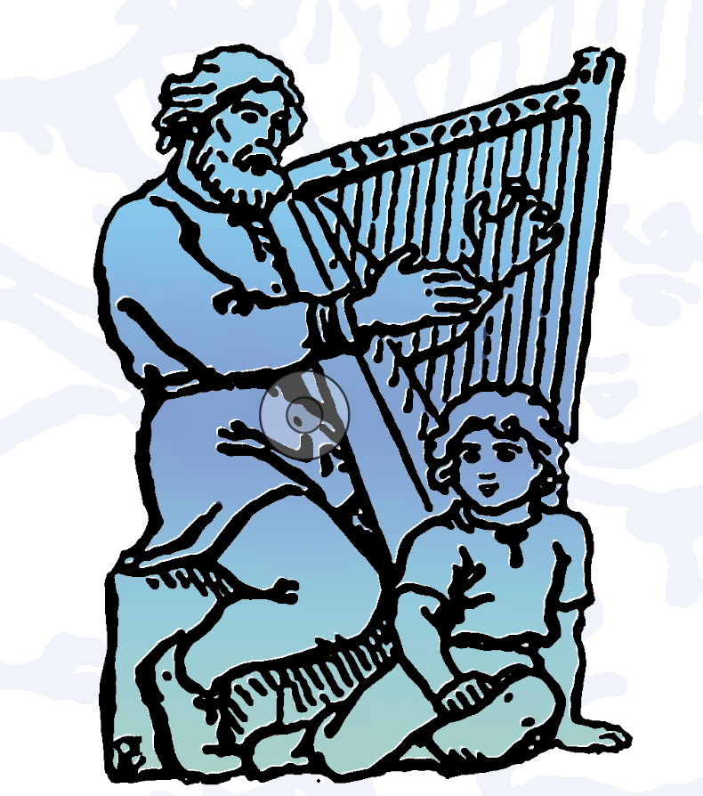 billedet er logo fra Højskolesangbogen mand med harpe og barn