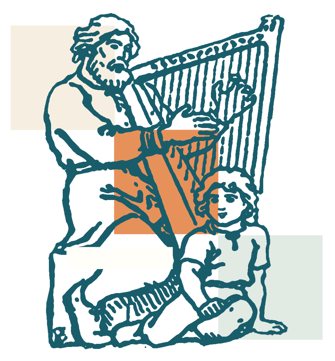 illustration fra højskolesangbogen mand med harpe og lille dreng